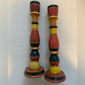 Vintage Handpainted pair of wooden Candlestick Holders. 12.5” tall.